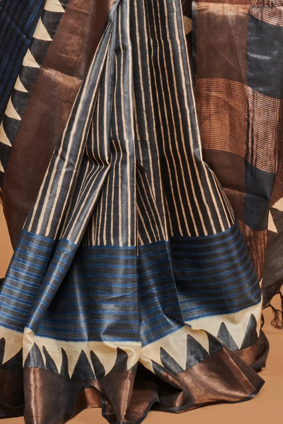 Indigo Blue Striped Ajrakh Blockprint Saree