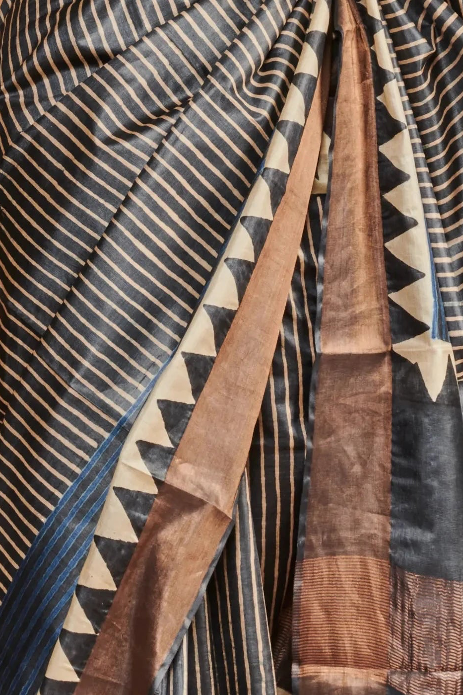 Indigo Blue Striped Ajrakh Blockprint Saree