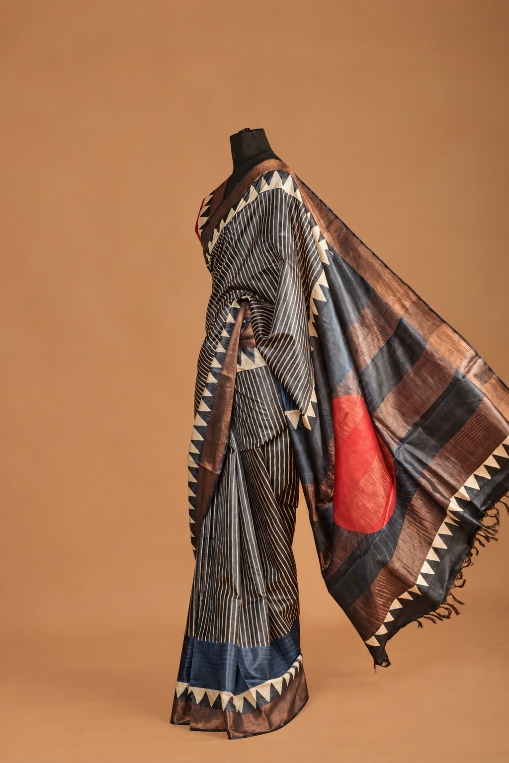 Indigo Blue Striped Ajrakh Blockprint Saree