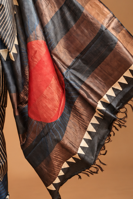 Indigo Blue Striped Ajrakh Blockprint Saree