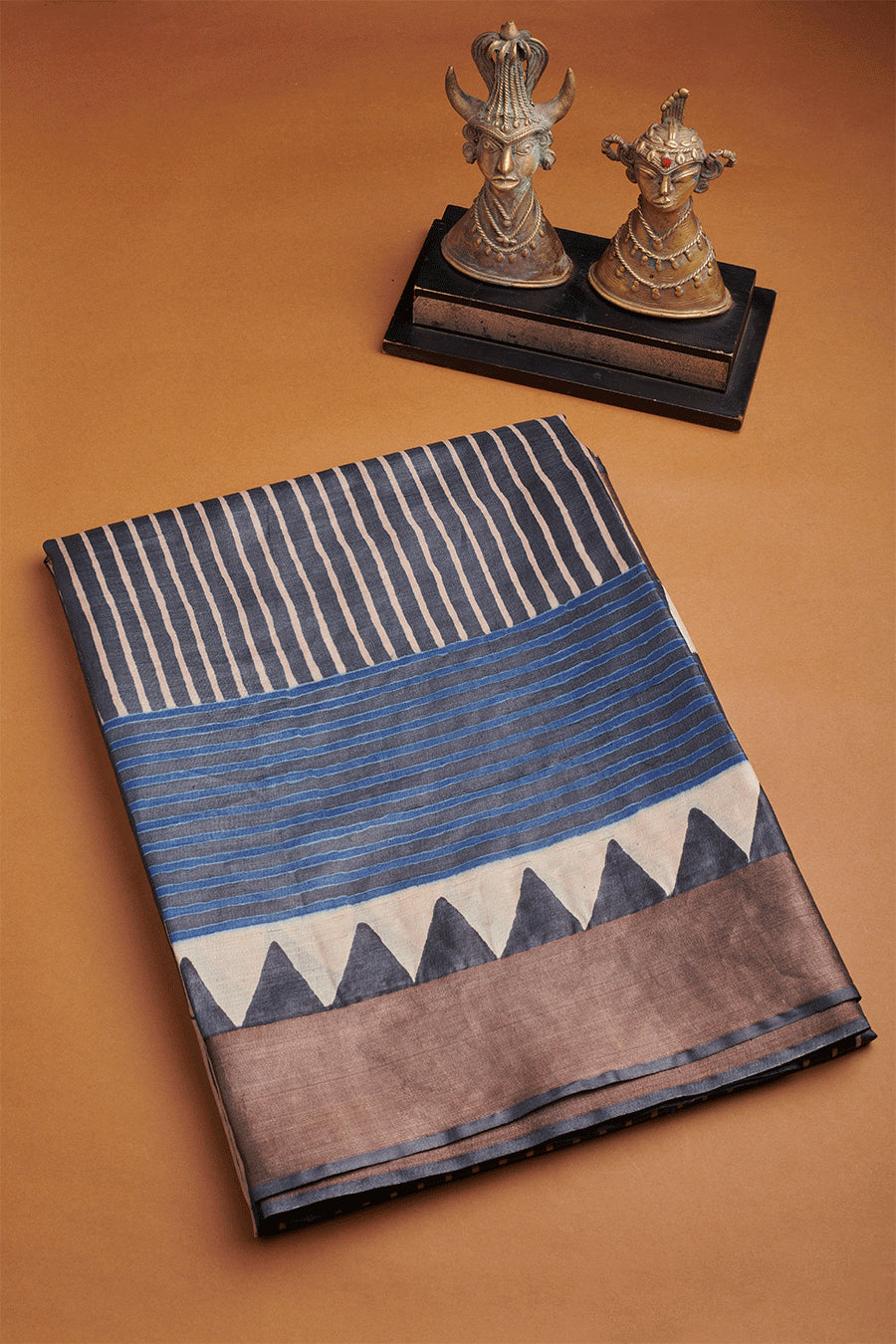 Indigo Blue Striped Ajrakh Blockprint Saree